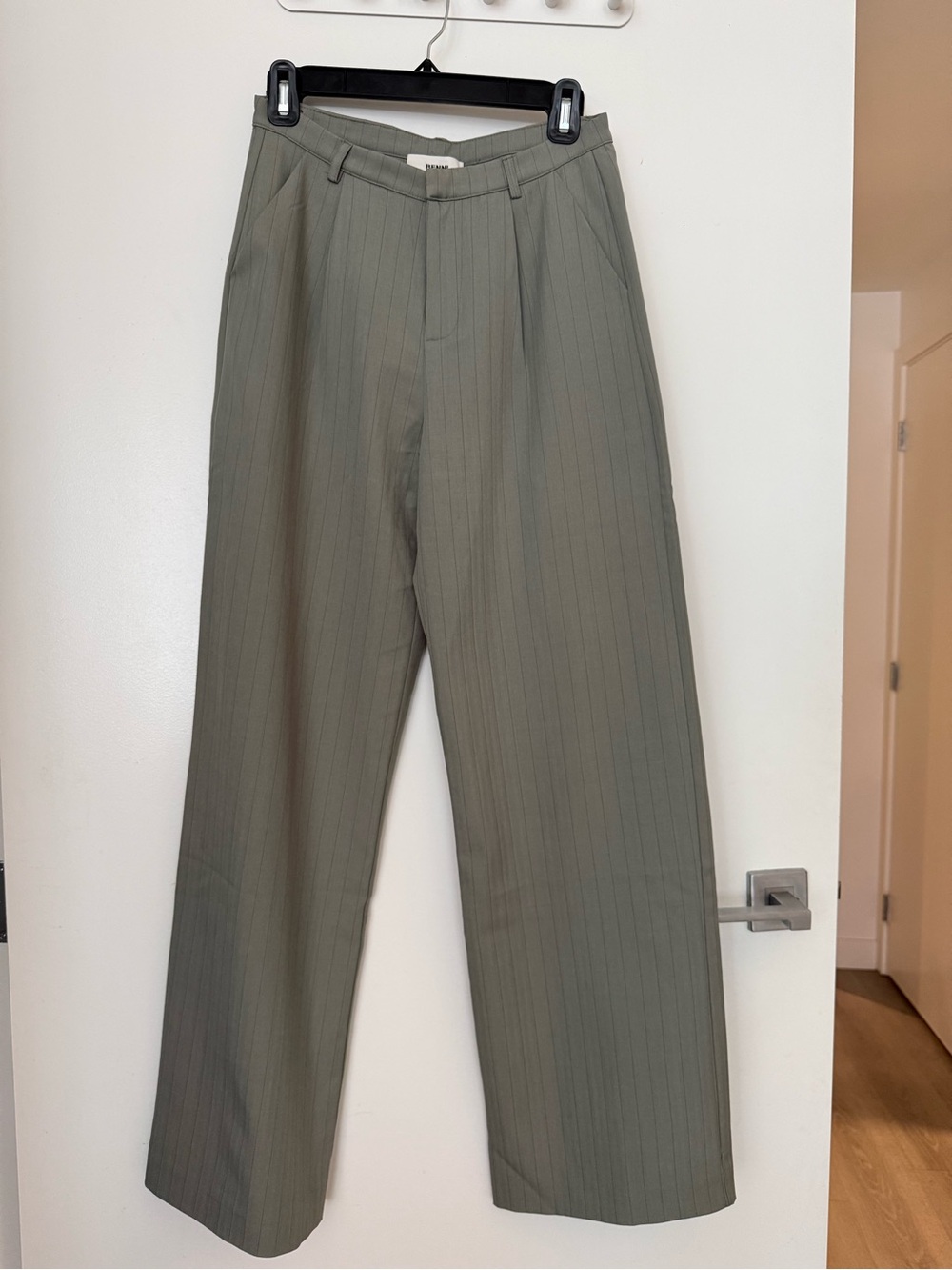 Benni Australia Low-Rise Khaki Pinstripe Wide-Leg Trousers